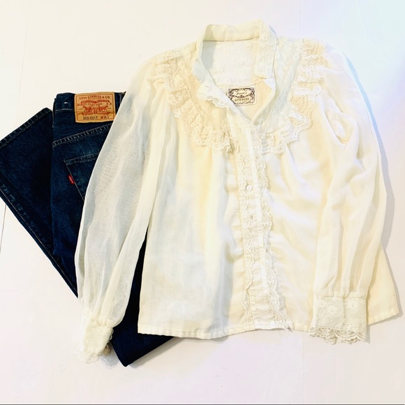 Vintage Jessica/'s Gunnies Cream Button Down Victorian Prairie Blouse